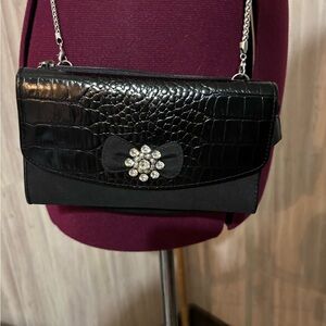 Brighton Twilight Sophisticated Black Croc-Embossed Clutch Crossbody Purse Bow
